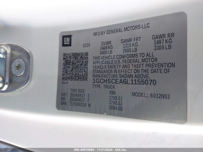 2020 CHEVROLET COLORADO VIN: 1GCHSCEA6L1155070