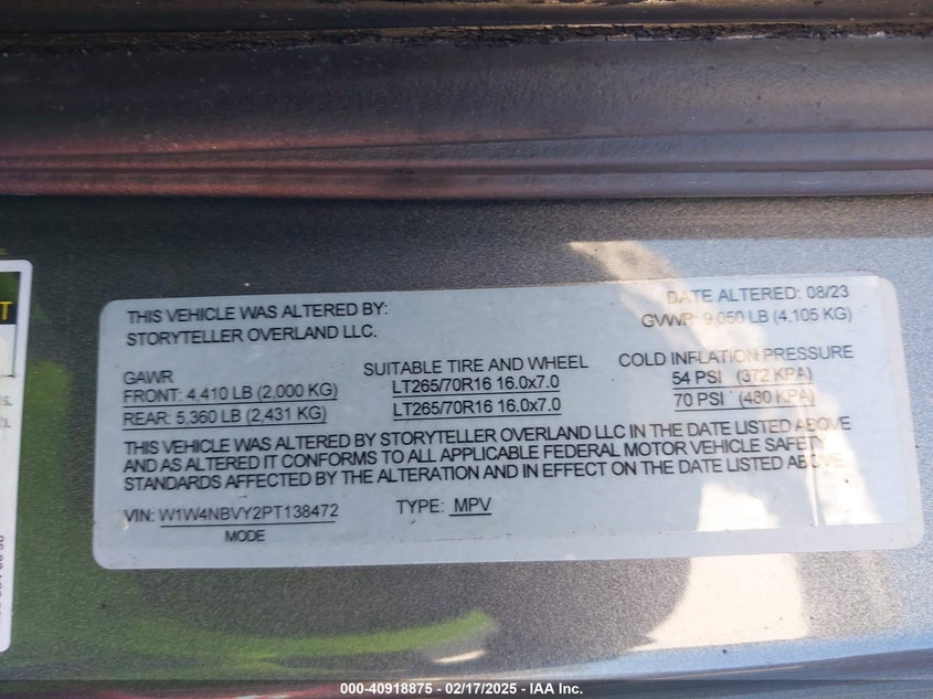 2023 Mercedes-Benz Sprinter 2500 VIN: W1W4NBVY2PT138472 Lot: 40918875