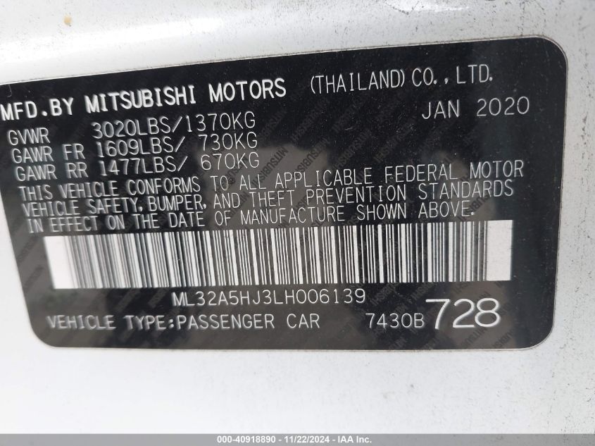 2020 Mitsubishi Mirage Le VIN: ML32A5HJ3LH006139 Lot: 40918890