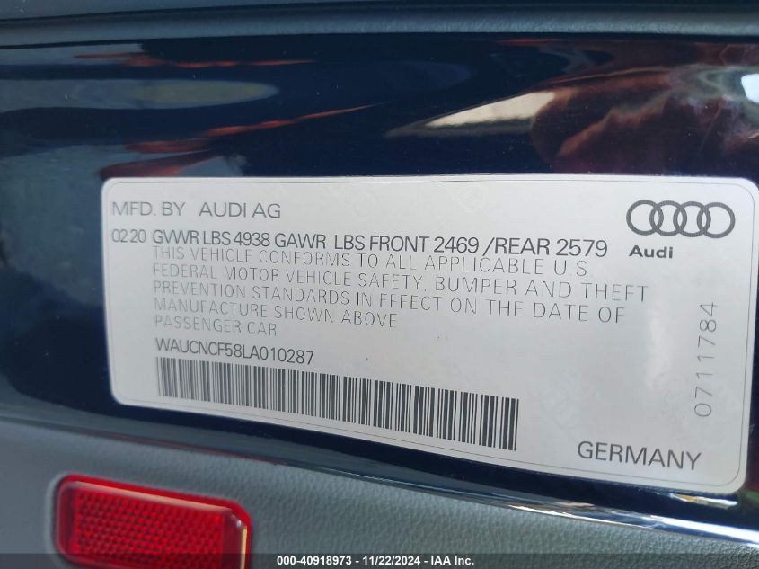 2020 Audi A5 Sportback Premium Plus 45 Tfsi Quattro S Tronic VIN: WAUCNCF58LA010287 Lot: 40918973