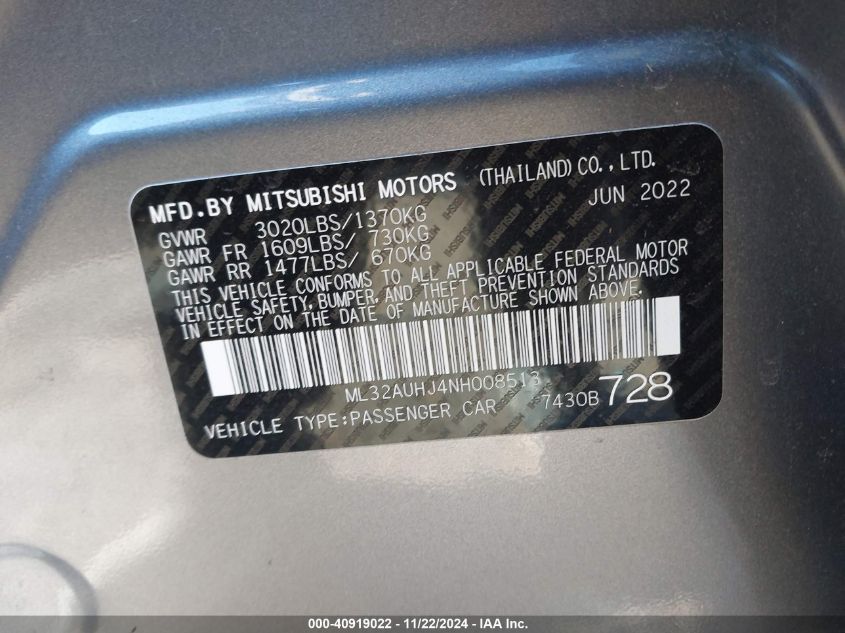 VIN ML32AUHJ4NH008513 2022 Mitsubishi Mirage, Es/Le no.9