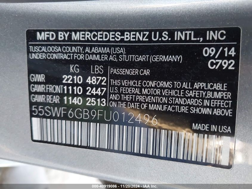 2015 Mercedes-Benz C 400 4Matic VIN: 55SWF6GB9FU012496 Lot: 40919086