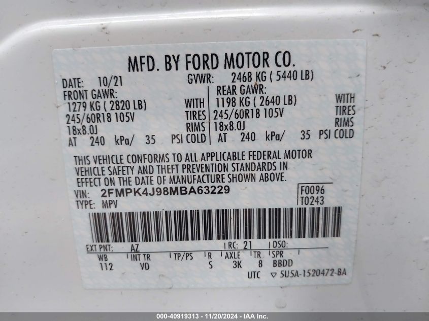 2021 Ford Edge Sel VIN: 2FMPK4J98MBA63229 Lot: 40919313