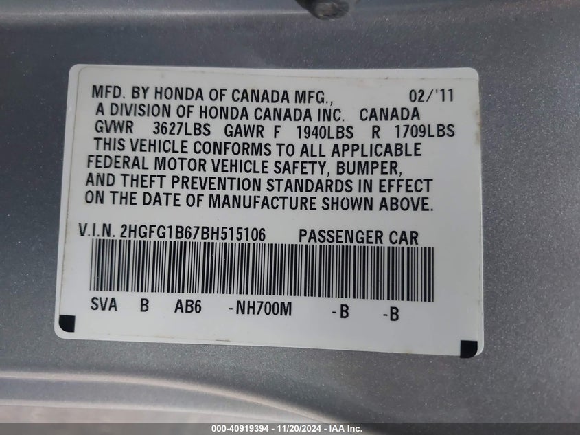 2011 HONDA CIVIC VIN: 2HGFG1B67BH515106