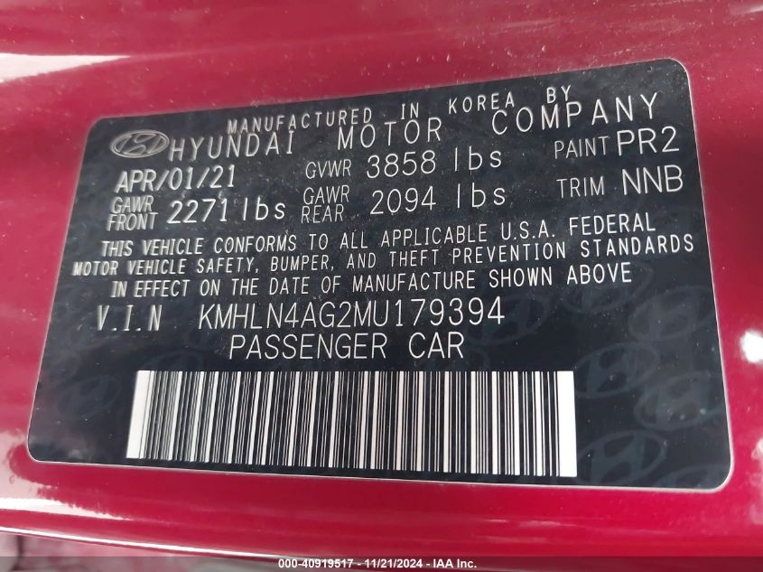 2021 Hyundai Elantra Sel VIN: KMHLN4AG2MU179394 Lot: 40919517