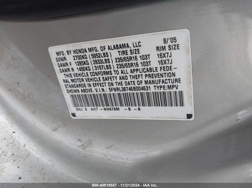 2006 Honda Odyssey Ex-L VIN: 5FNRL38746B004631 Lot: 40919557