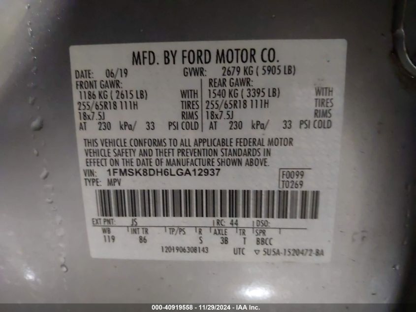 VIN 1FMSK8DH6LGA12937 2020 Ford Explorer, Xlt no.9