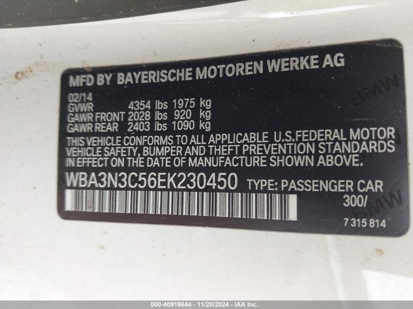 2014 BMW 428I VIN: WBA3N3C56EK230450 Lot: 40919644