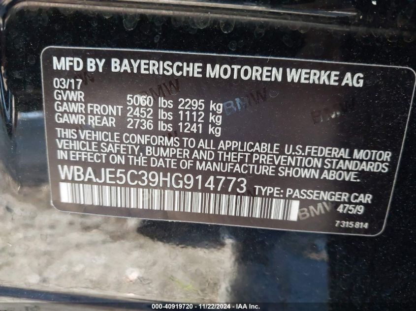 VIN WBAJE5C39HG914773 2017 BMW 5 Series, 540I no.9