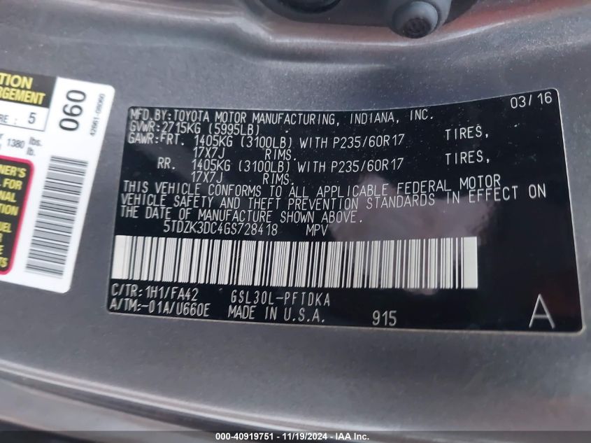 VIN 5TDZK3DC4GS728418 2016 TOYOTA SIENNA no.9