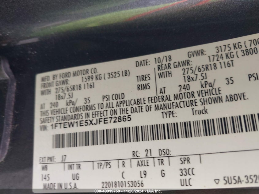 2018 FORD F-150 VIN: 1FTEW1E5XJFE72865