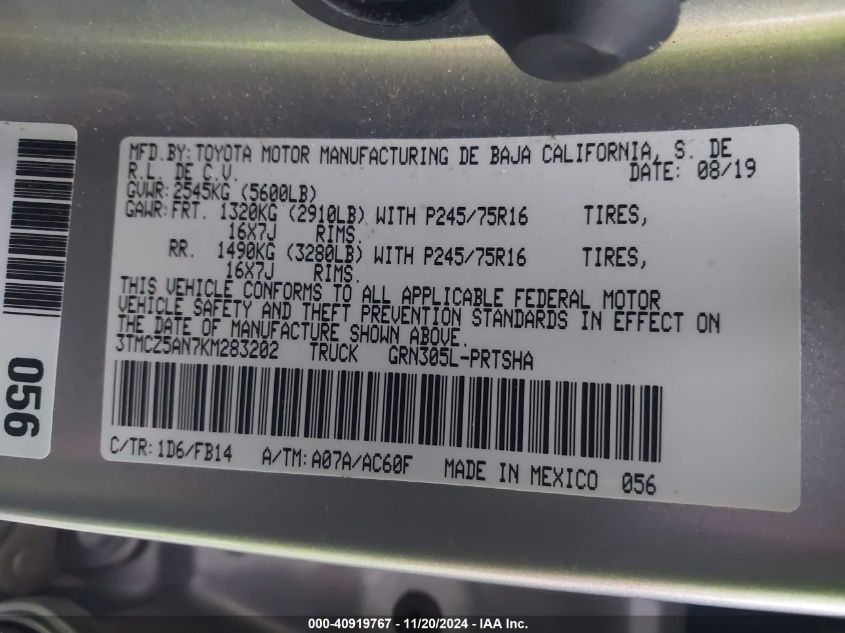 2019 Toyota Tacoma Sr V6 VIN: 3TMCZ5AN7KM283202 Lot: 40919767