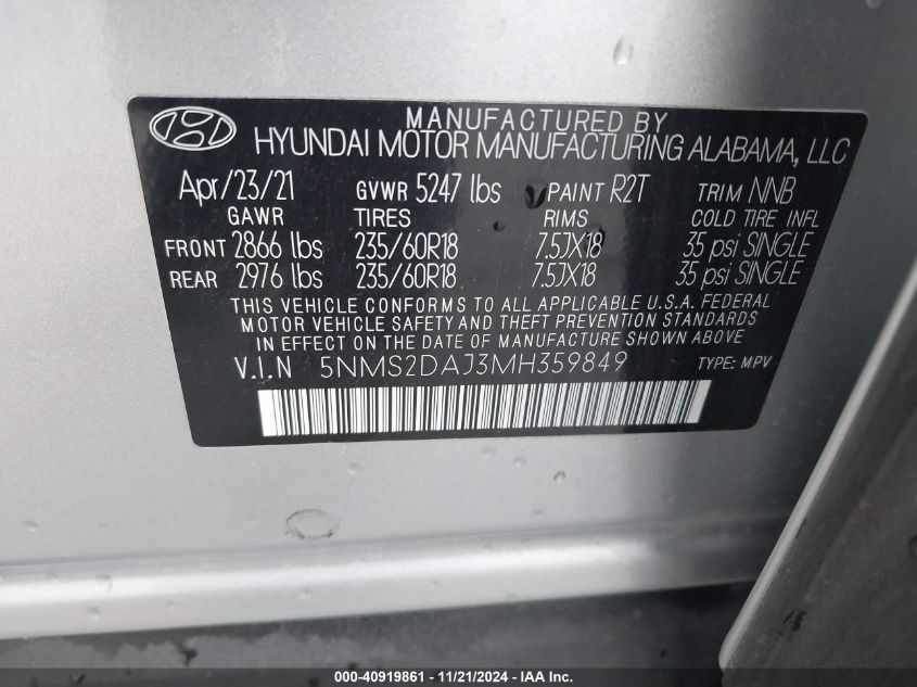 2021 Hyundai Santa Fe Sel VIN: 5NMS2DAJ3MH359849 Lot: 40919861