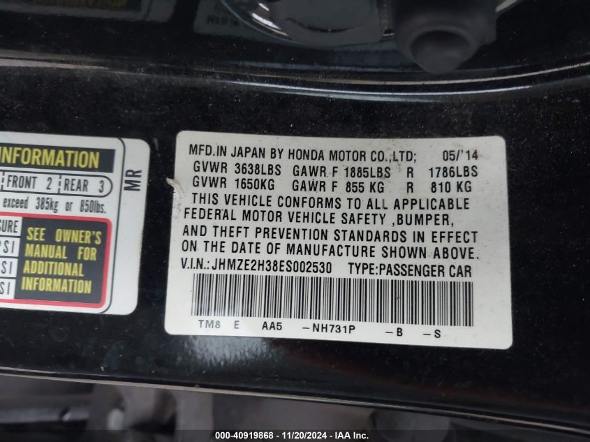 2014 Honda Insight VIN: JHMZE2H38ES002530 Lot: 40919868