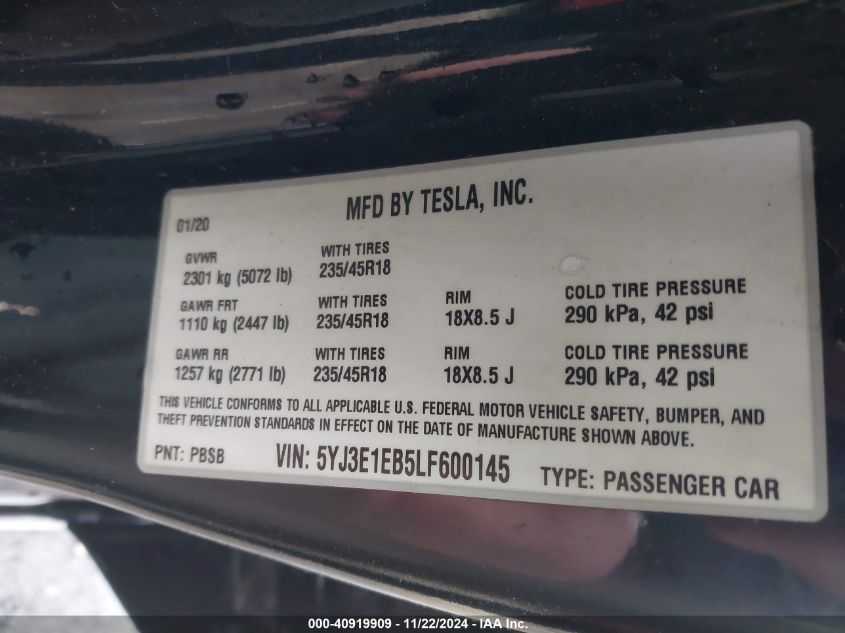 VIN 5YJ3E1EB5LF600145 2020 TESLA MODEL 3 no.9