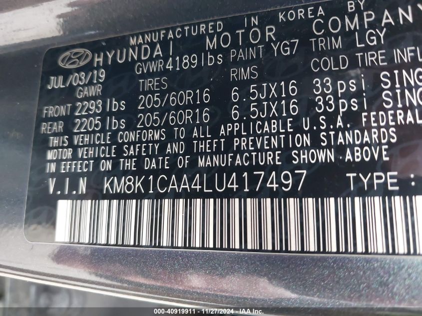 VIN KM8K1CAA4LU417497 2020 HYUNDAI KONA SE