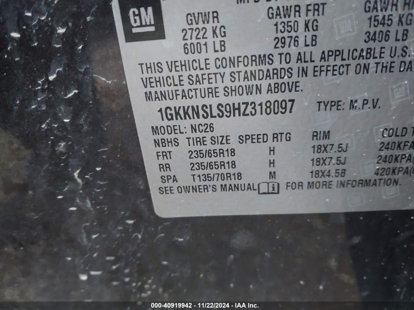 VIN 1GKKNSLS9HZ318097 2017 GMC Acadia, Sle-2 no.9