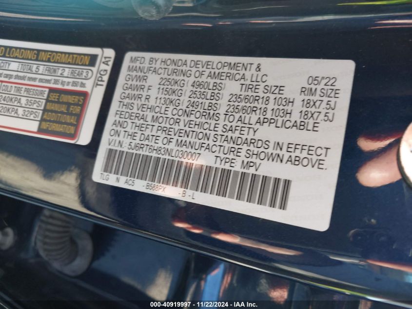 2022 Honda Cr-V Hybrid Ex-L VIN: 5J6RT6H83NL030007 Lot: 40919997