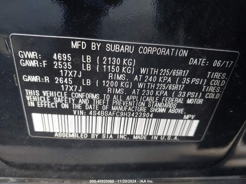 VIN 4S4BSAFC9H3423904 2017 SUBARU OUTBACK no.9