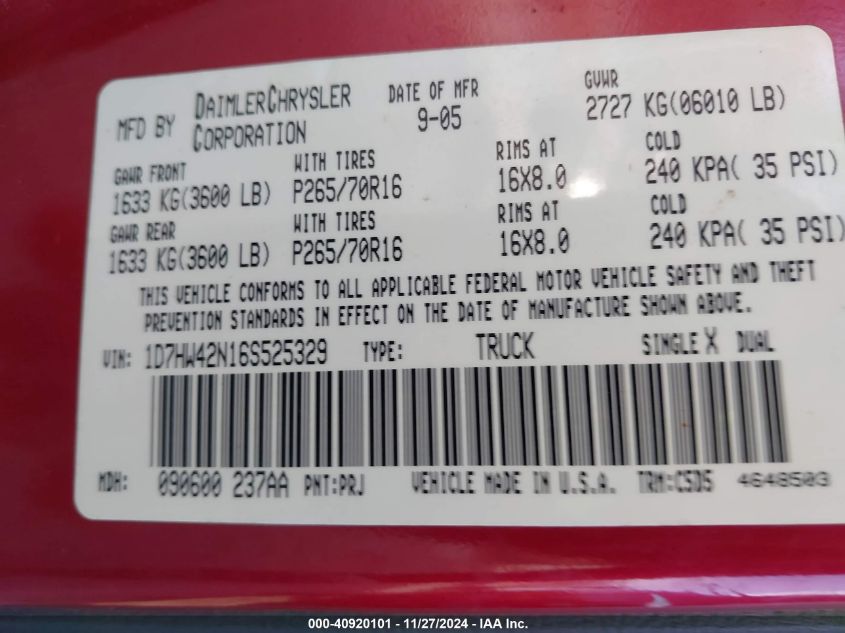 2006 Dodge Dakota Slt VIN: 1D7HW42N165525329 Lot: 40920101