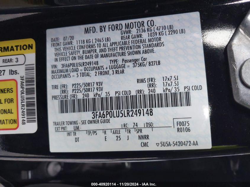 VIN 3FA6P0LU5LR249148 2020 Ford Fusion, Hybrid Se no.9