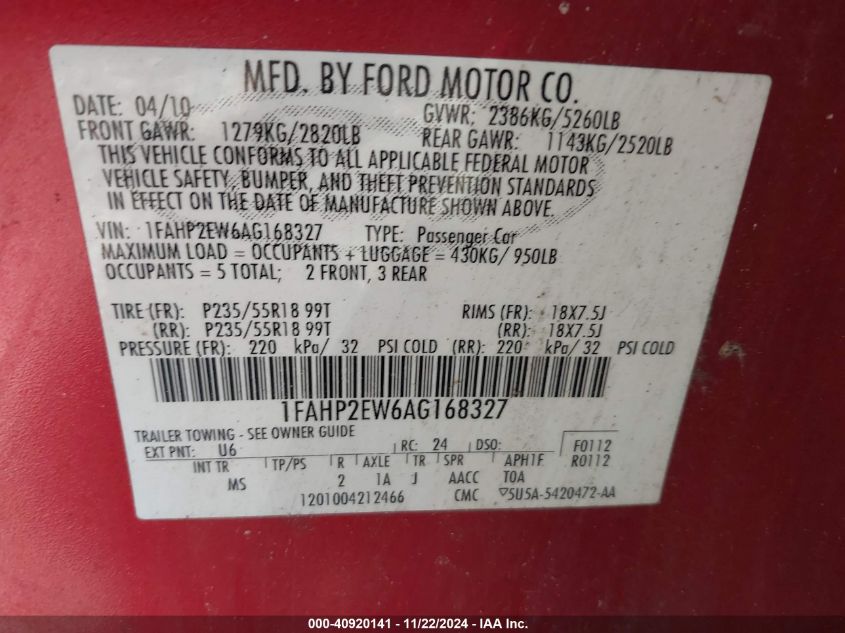 2010 Ford Taurus Sel VIN: 1FAHP2EW6AG168327 Lot: 40920141