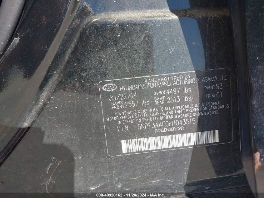 2015 Hyundai Sonata Sport VIN: 5NPE34AF0FH043515 Lot: 40920162