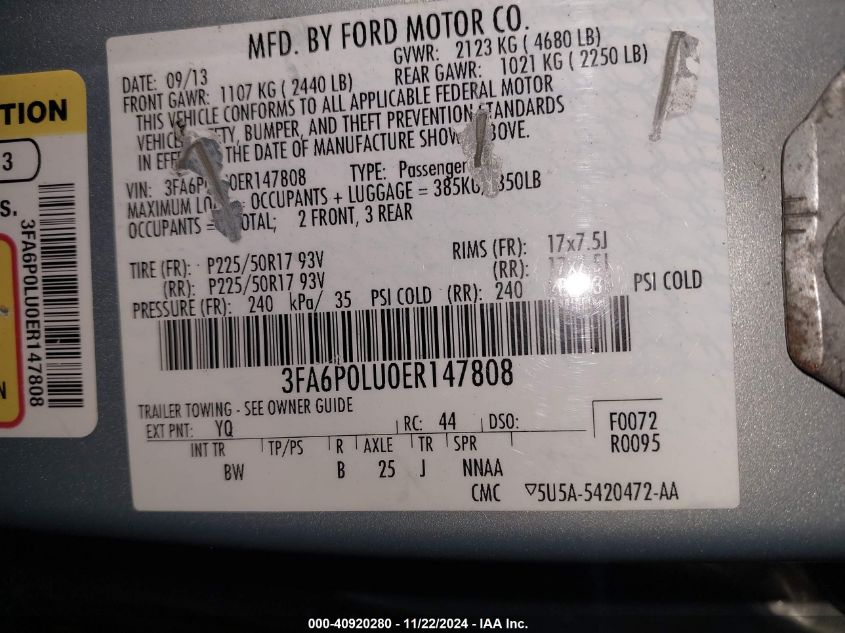 2014 Ford Fusion Hybrid Se VIN: 3FA6P0LU0ER147808 Lot: 40920280