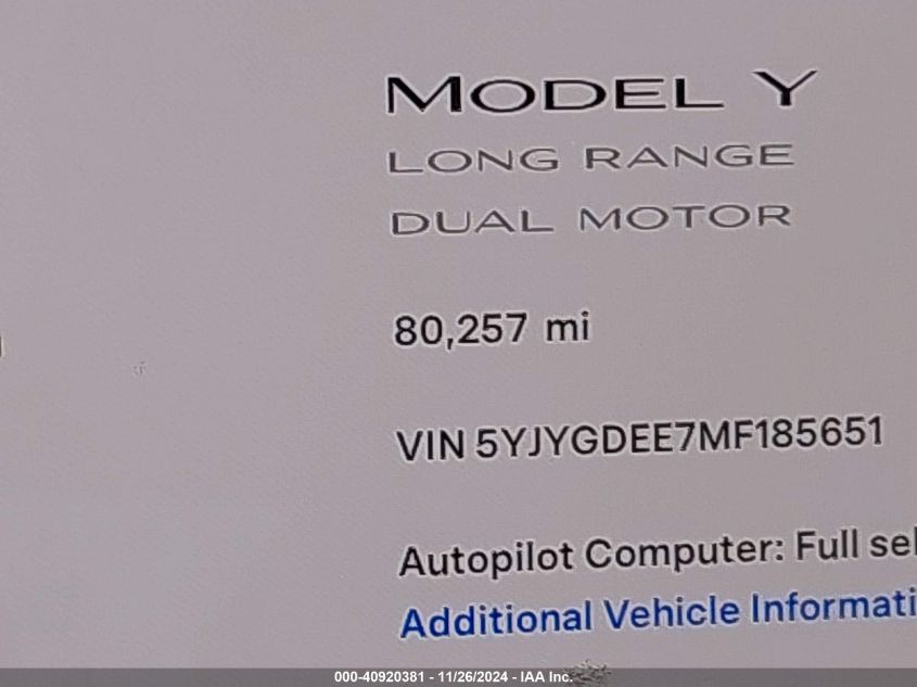 2021 Tesla Model Y Long Range Dual Motor All-Wheel Drive VIN: 5YJYGDEE7MF185651 Lot: 40920381