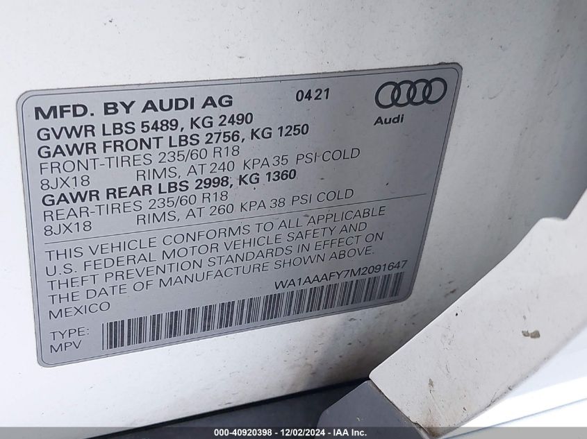 2021 Audi Q5 Premium VIN: WA1AAAFY7M2091647 Lot: 40920398