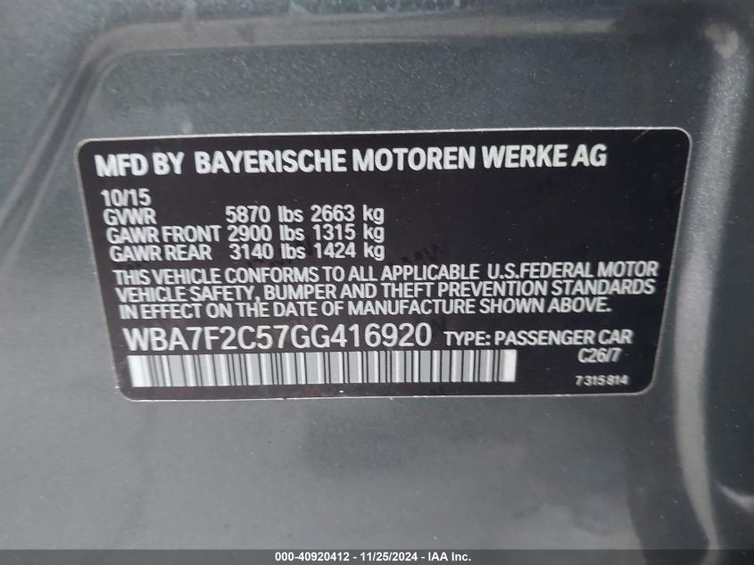 VIN WBA7F2C57GG416920 2016 BMW 7 Series, 750I Xdrive no.9