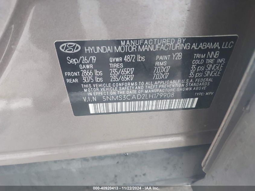 2020 Hyundai Santa Fe Sel VIN: 5NMS3CAD2LH179908 Lot: 40920413