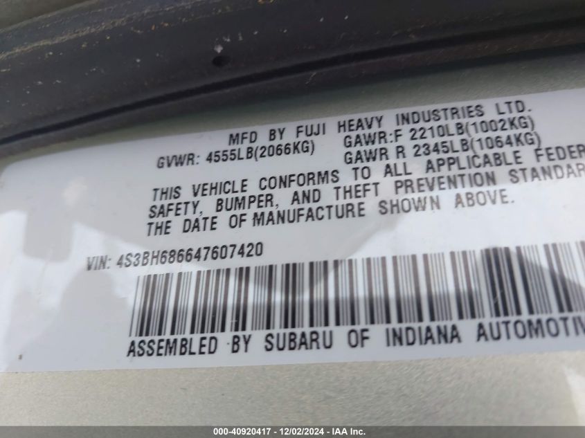 2004 Subaru Outback Limited VIN: 4S3BH686647607420 Lot: 40920417