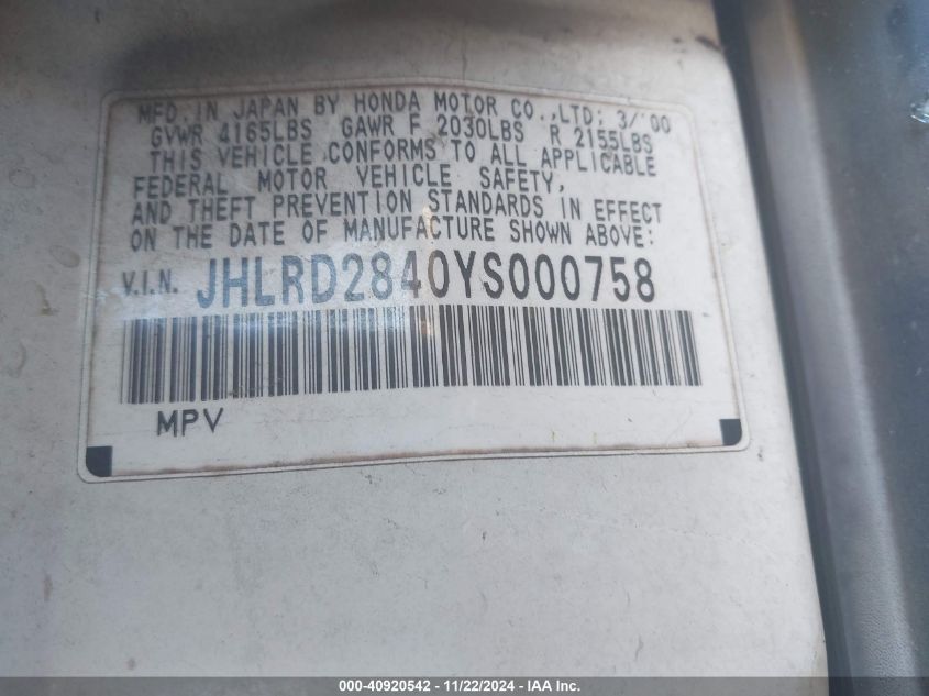 2000 Honda Cr-V Lx VIN: JHLRD2840YS00075 Lot: 40920542