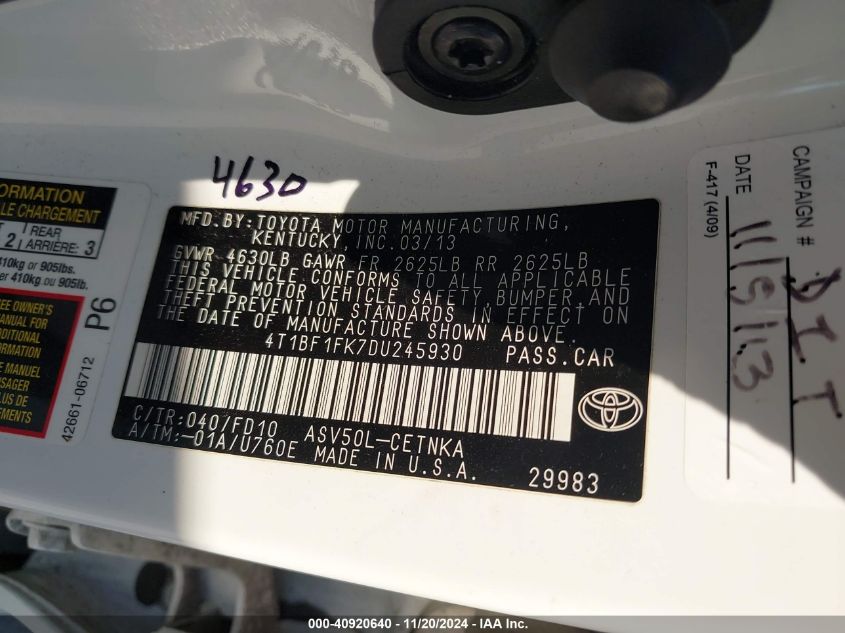 VIN 4T1BF1FK7DU245930 2013 TOYOTA CAMRY no.9