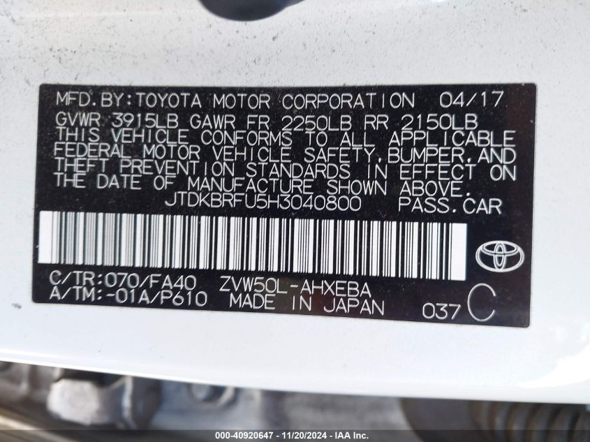 2017 Toyota Prius Two VIN: JTDKBRFU5H3040800 Lot: 40920647