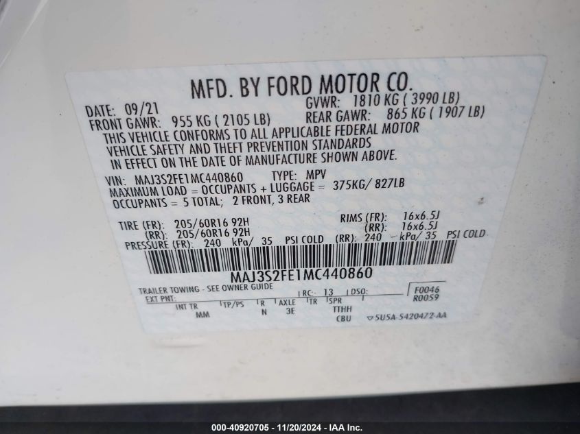 2021 Ford Ecosport S VIN: MAJ3S2FE1MC440860 Lot: 40920705