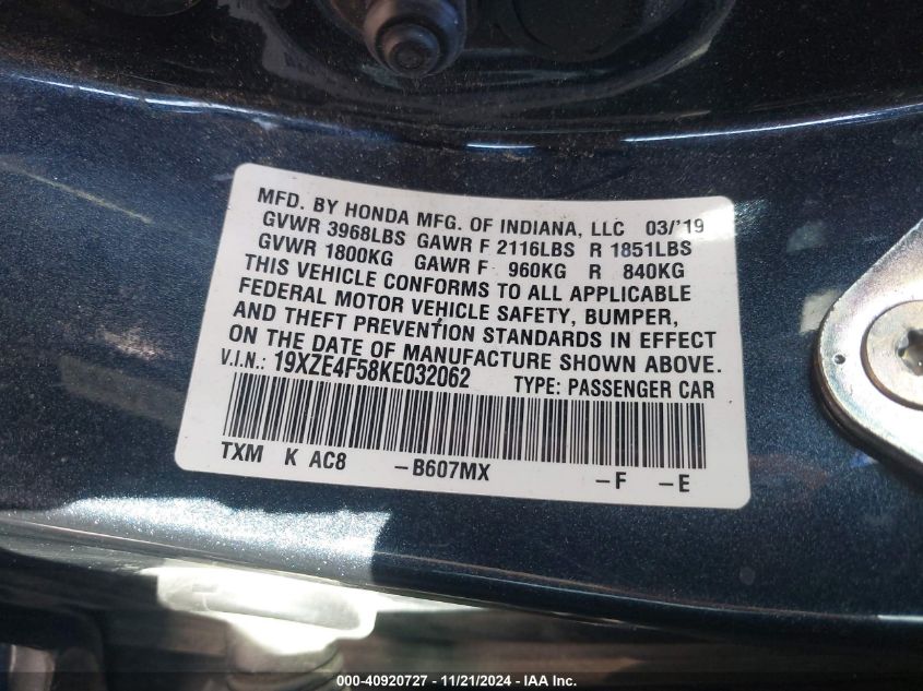 2019 HONDA INSIGHT VIN: 19XZE4F58KE032062