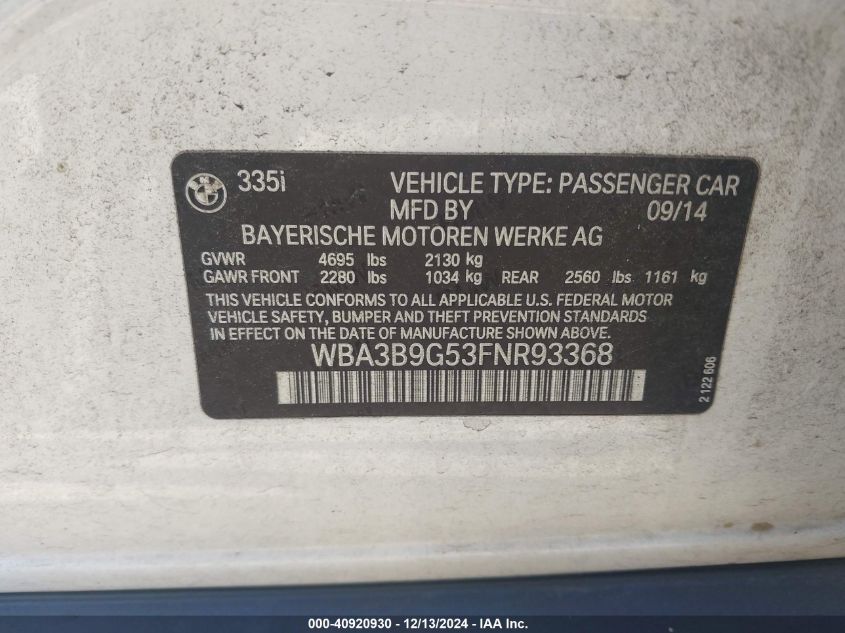 VIN WBA3B9G53FNR93368 2015 BMW 3 Series, 335I Xdrive no.9