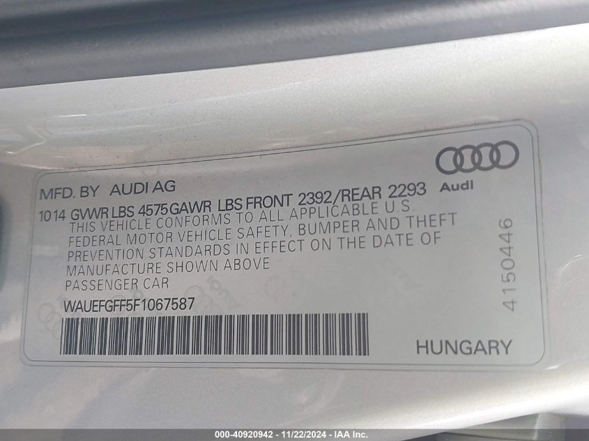 2015 Audi A3 2.0T Premium VIN: WAUEFGFF5F1067587 Lot: 40920942