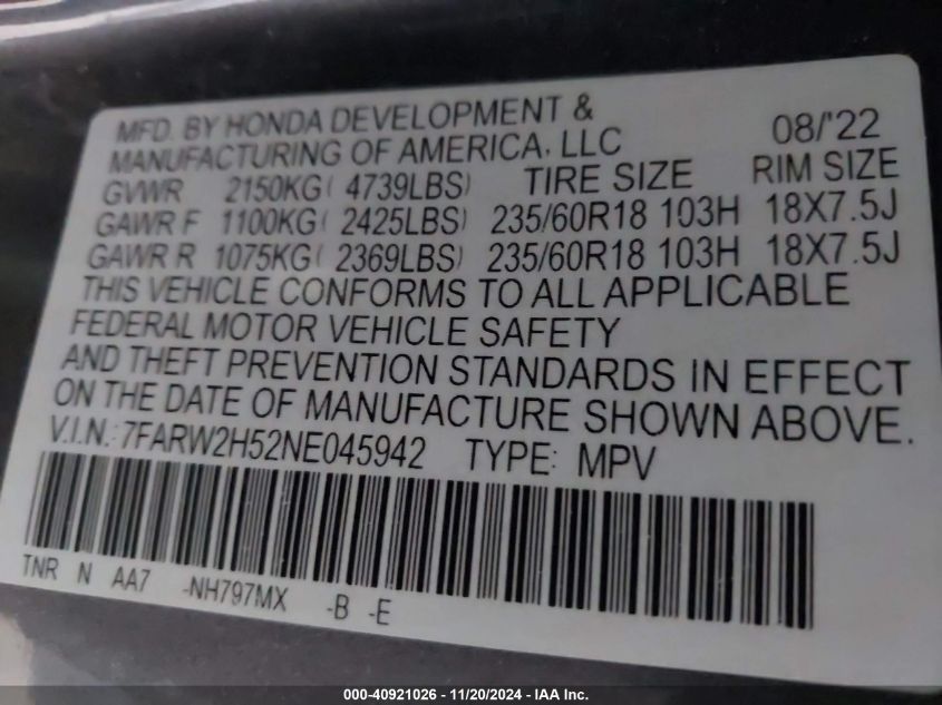 VIN 7FARW2H52NE045942 2022 HONDA CR-V AWD EX