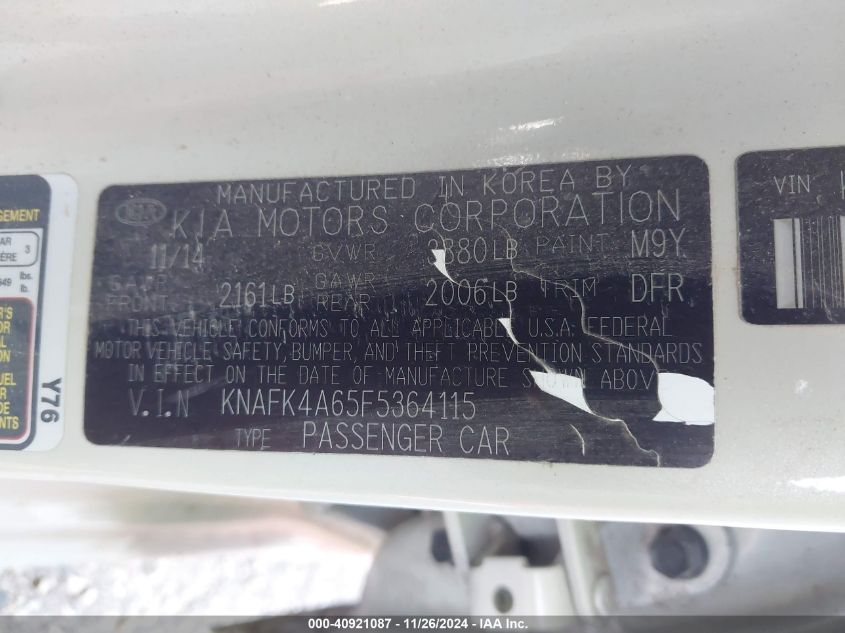 VIN KNAFK4A65F5364115 2015 KIA FORTE no.9