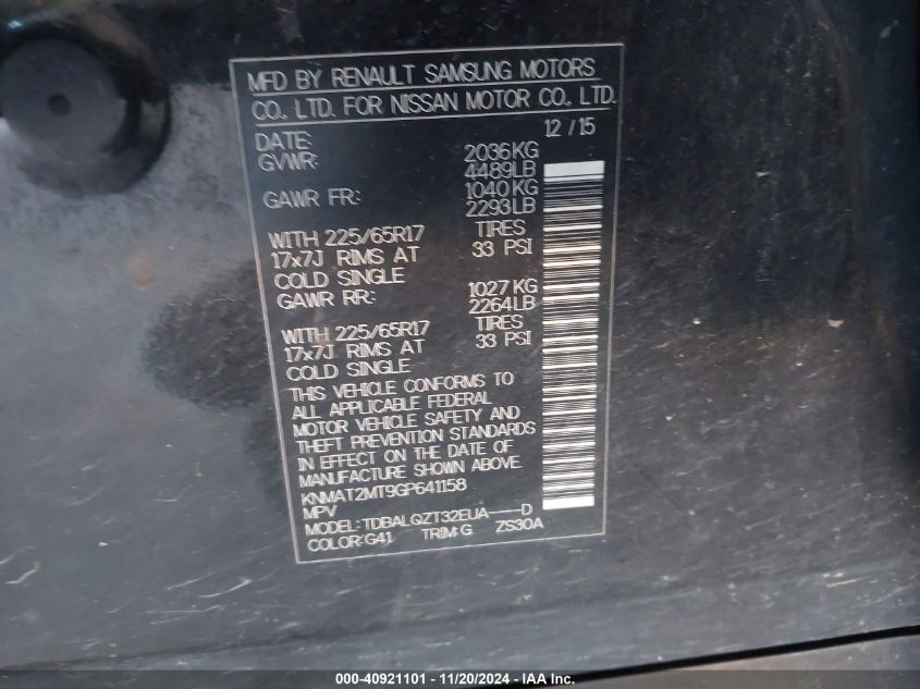 2016 Nissan Rogue Sv VIN: KNMAT2MT9GP641158 Lot: 40921101