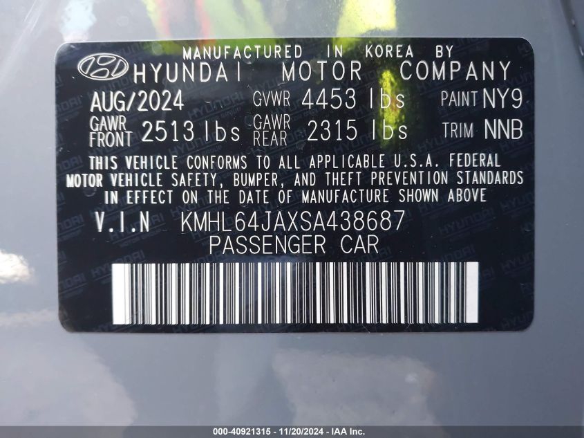 2025 Hyundai Sonata Sel VIN: KMHL64JAXSA438687 Lot: 40921315