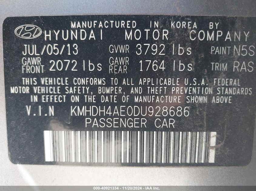 2013 Hyundai Elantra Gls VIN: KMHDH4AE0DU928686 Lot: 40921334