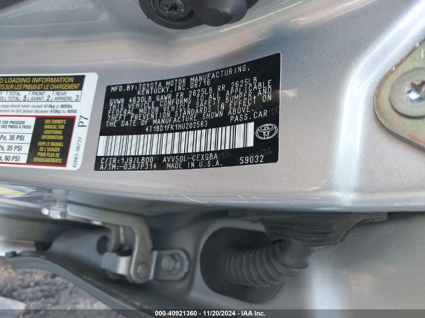 VIN 4T1BD1FK1HU202583 2017 Toyota Camry, Hybrid Xle no.9