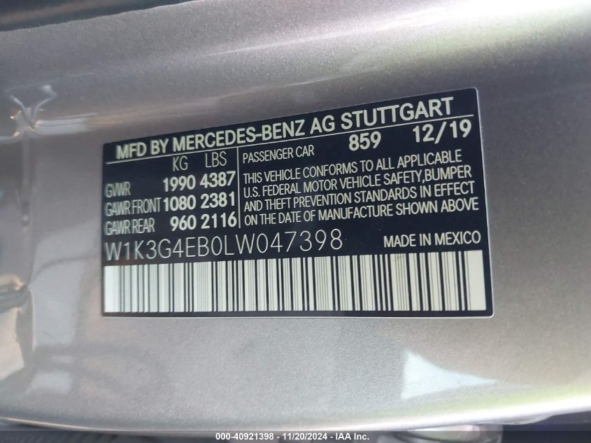 2020 Mercedes-Benz A 220 VIN: W1K3G4EB0LW047398 Lot: 40921398