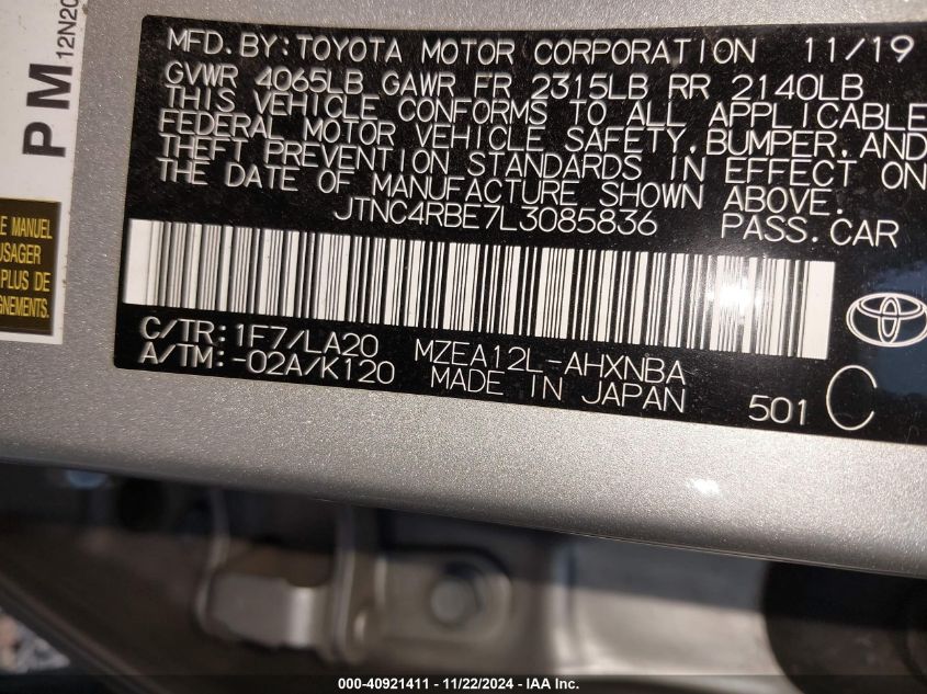 VIN JTNC4RBE7L3085836 2020 TOYOTA COROLLA no.9