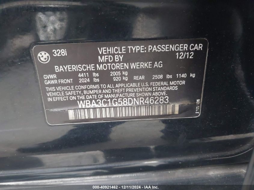 2013 BMW 328I VIN: WBA3C1G58DNR46283 Lot: 40921462
