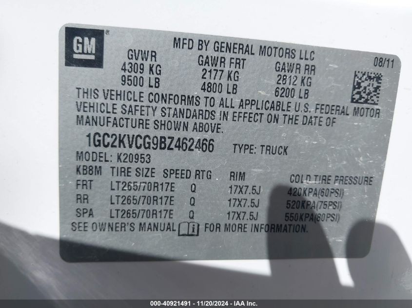 2011 Chevrolet Silverado 2500Hd Work Truck VIN: 1GC2KVCG9BZ462466 Lot: 40921491